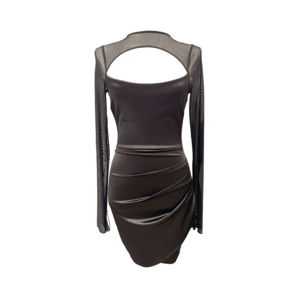 Black Mesh Panel Bodycon Mini Dress – Sheer Sleeve Night Out Dress